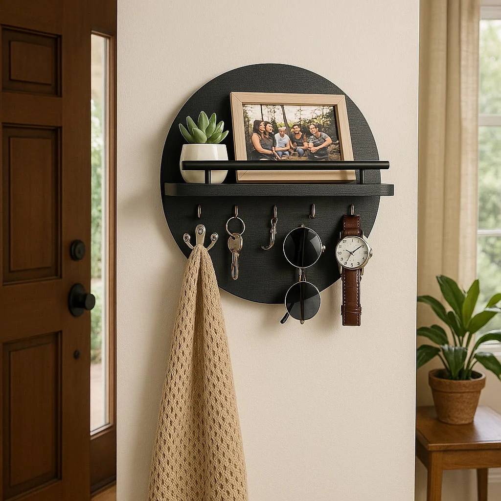 Round Wooden Key Holder Wall Mount Entryway Organizer Shelf Hooks - Image 2