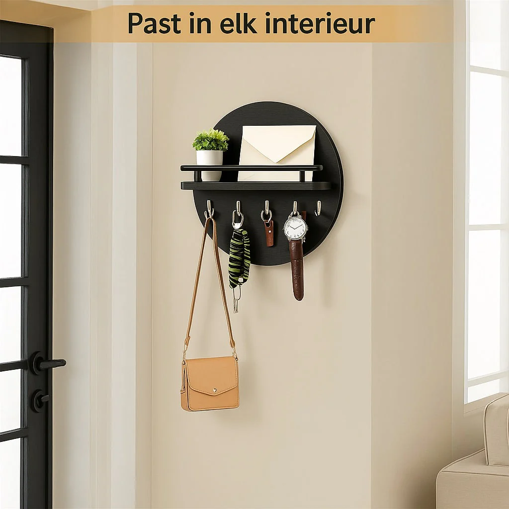 Round Wooden Key Holder Wall Mount Entryway Organizer Shelf Hooks - Image 3