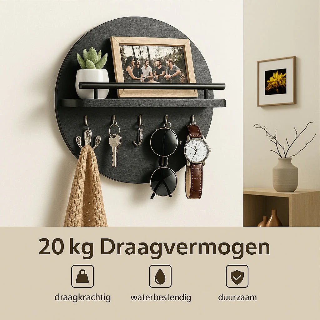 Round Wooden Key Holder Wall Mount Entryway Organizer Shelf Hooks - Image 4