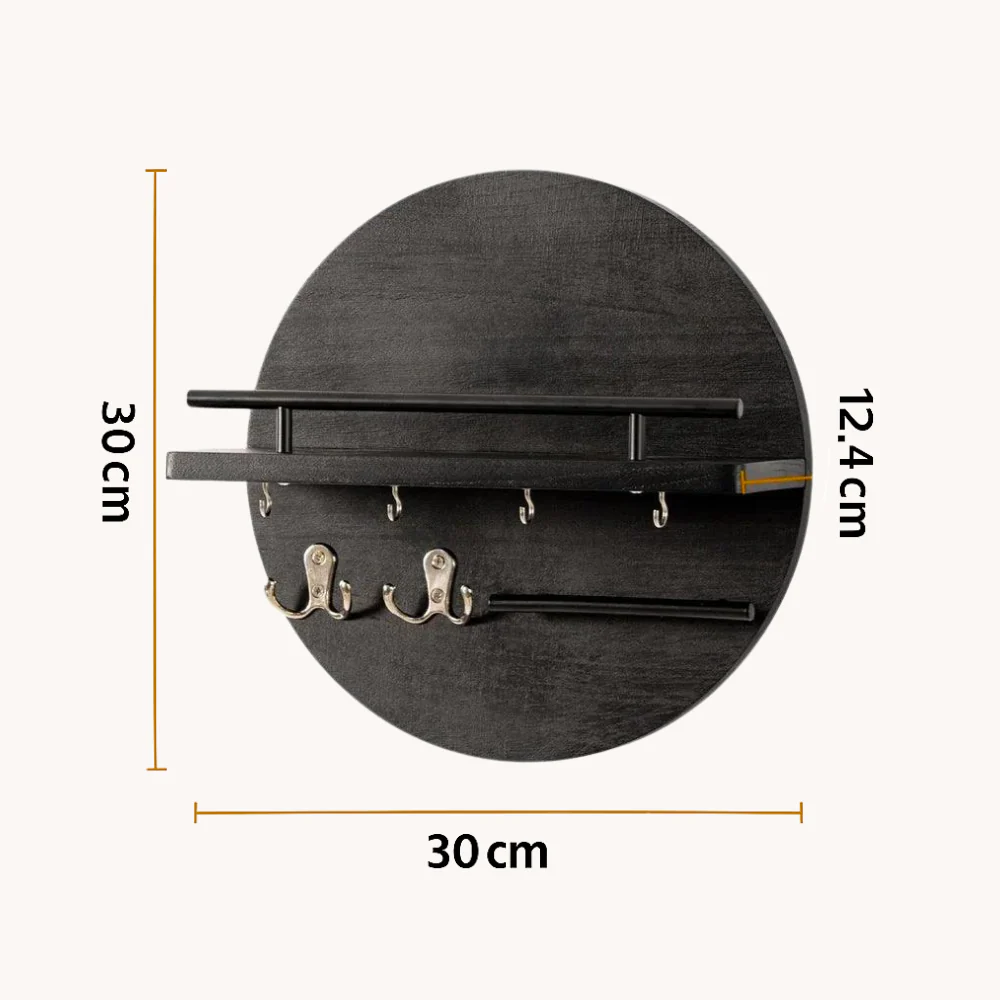 Round Wooden Key Holder Wall Mount Entryway Organizer Shelf Hooks - Image 5