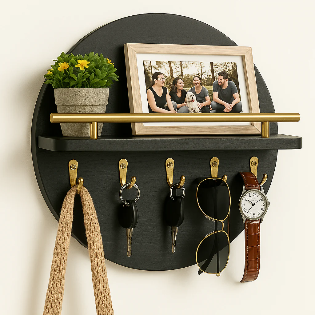 Round Wooden Key Holder Wall Mount Entryway Organizer Shelf Hooks - Image 6