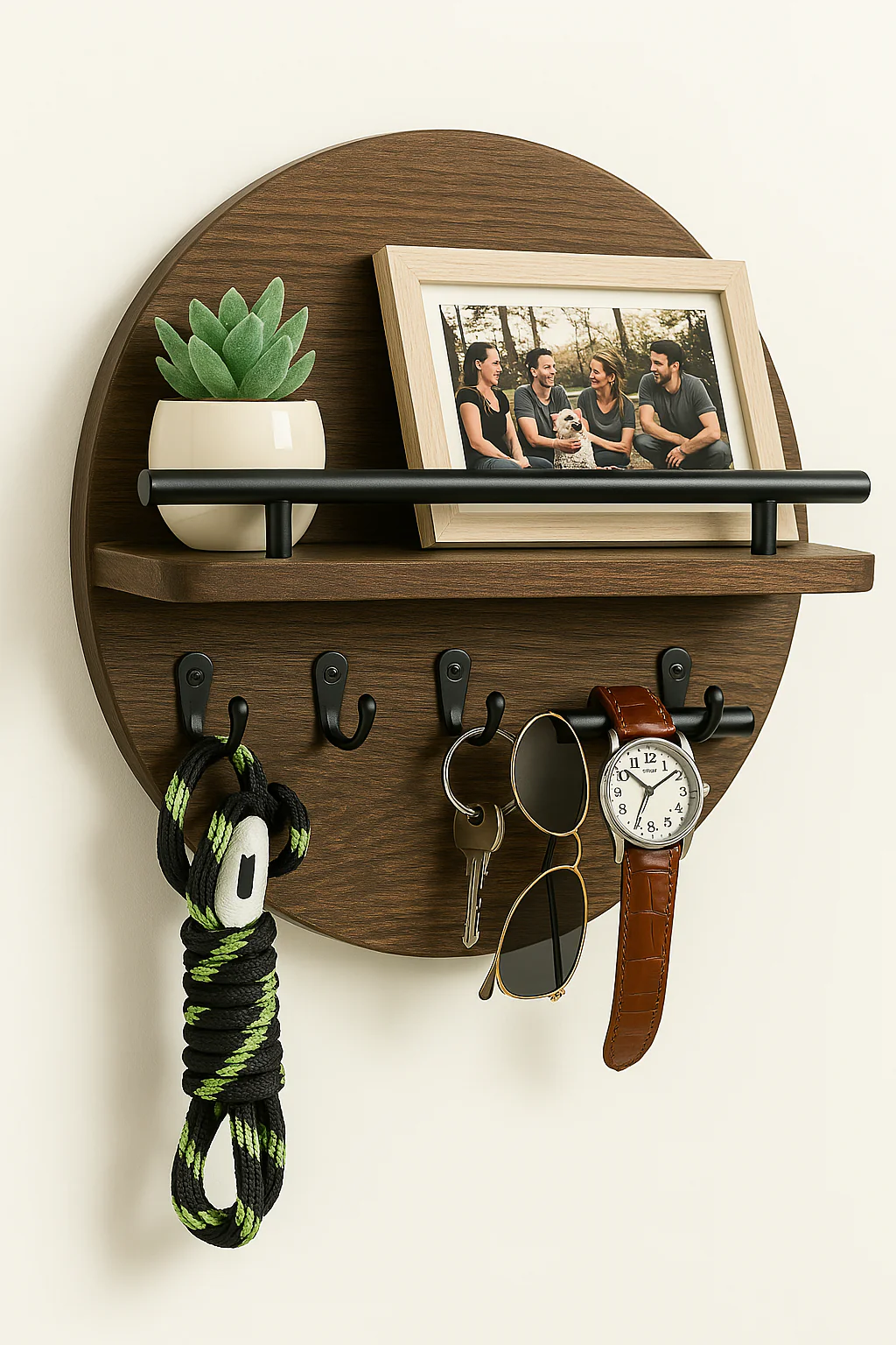Round Wooden Key Holder Wall Mount Entryway Organizer Shelf Hooks - Image 7