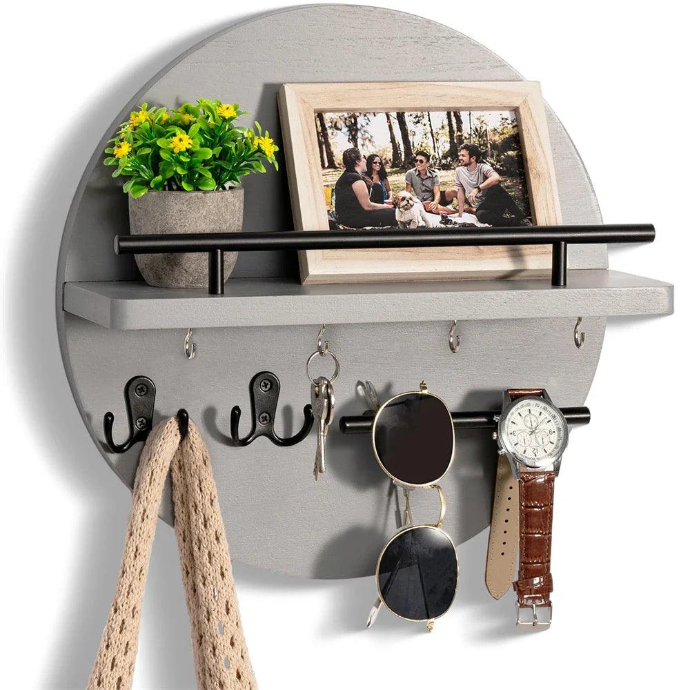 Round Wooden Key Holder Wall Mount Entryway Organizer Shelf Hooks - Image 8