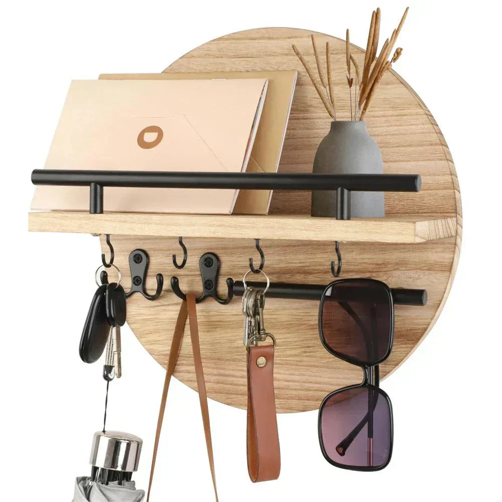 Round Wooden Key Holder Wall Mount Entryway Organizer Shelf Hooks - Image 9