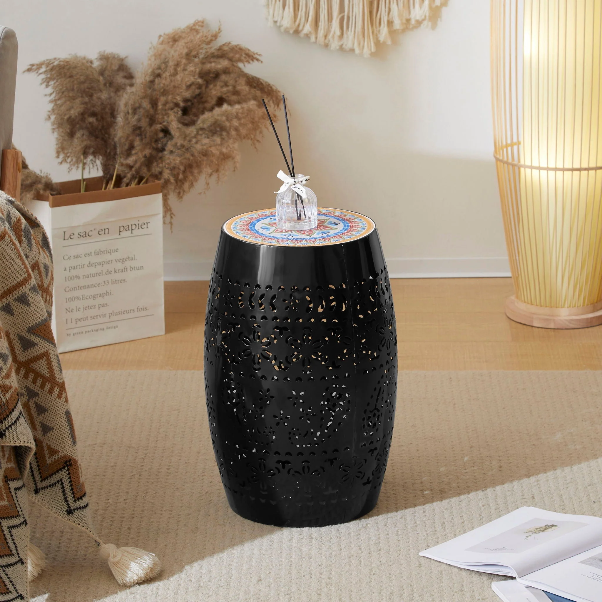 Ruby Boho Mosaic Side Table with Ceramic Tile Top - Image 2