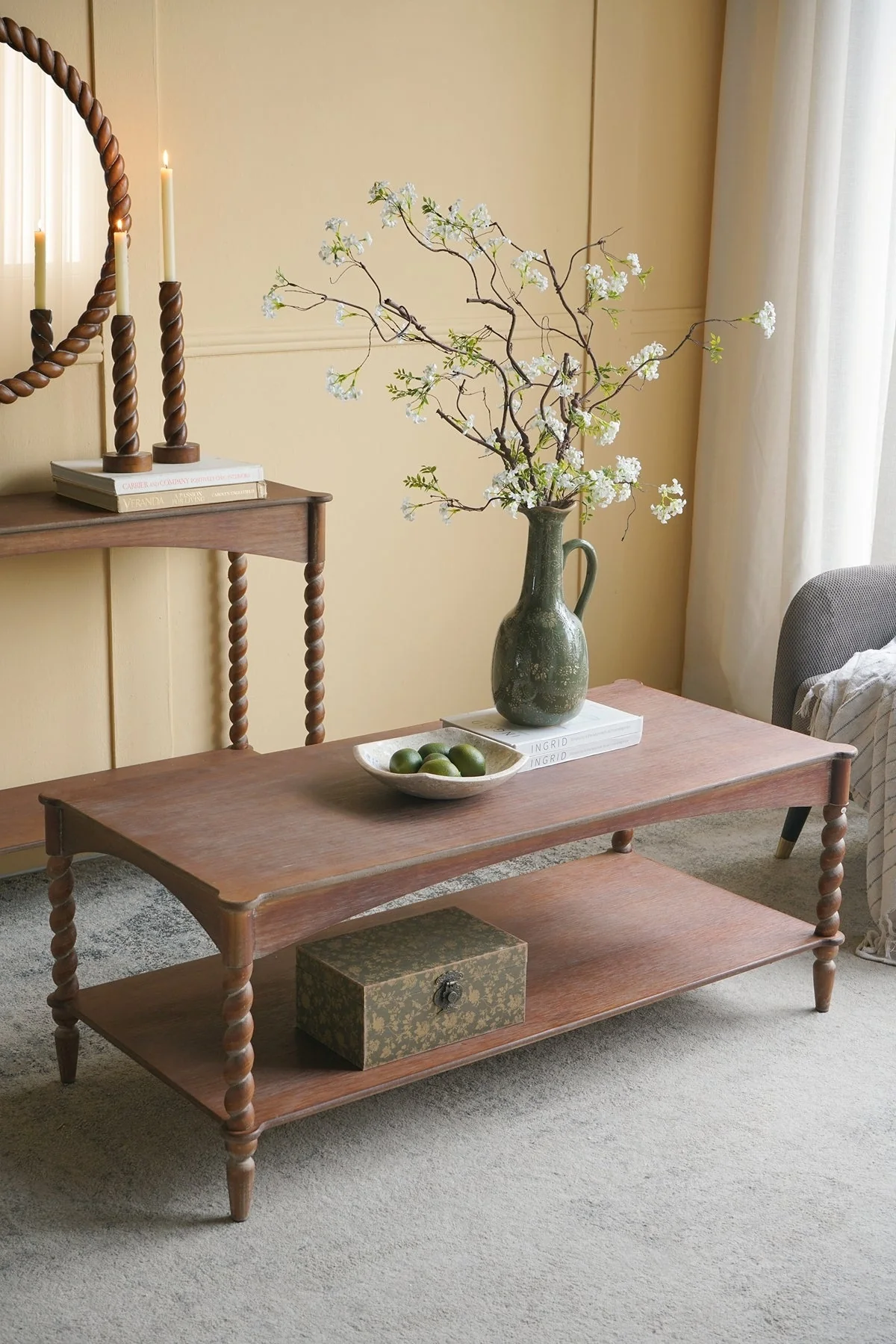 Rustic Brown Wood Coffee Table with Turned Spiral Legs and Lower Shelf - Image 10