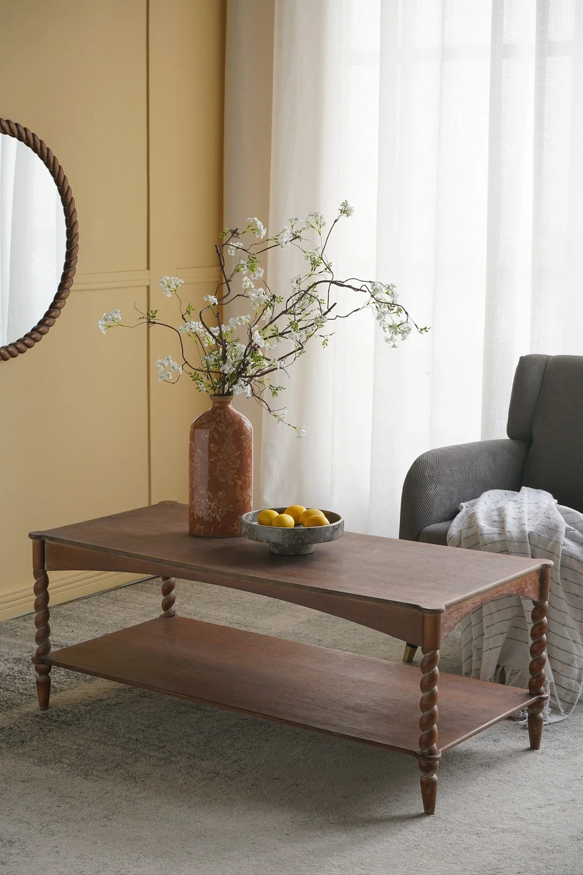 Rustic Brown Wood Coffee Table with Turned Spiral Legs and Lower Shelf - Image 2
