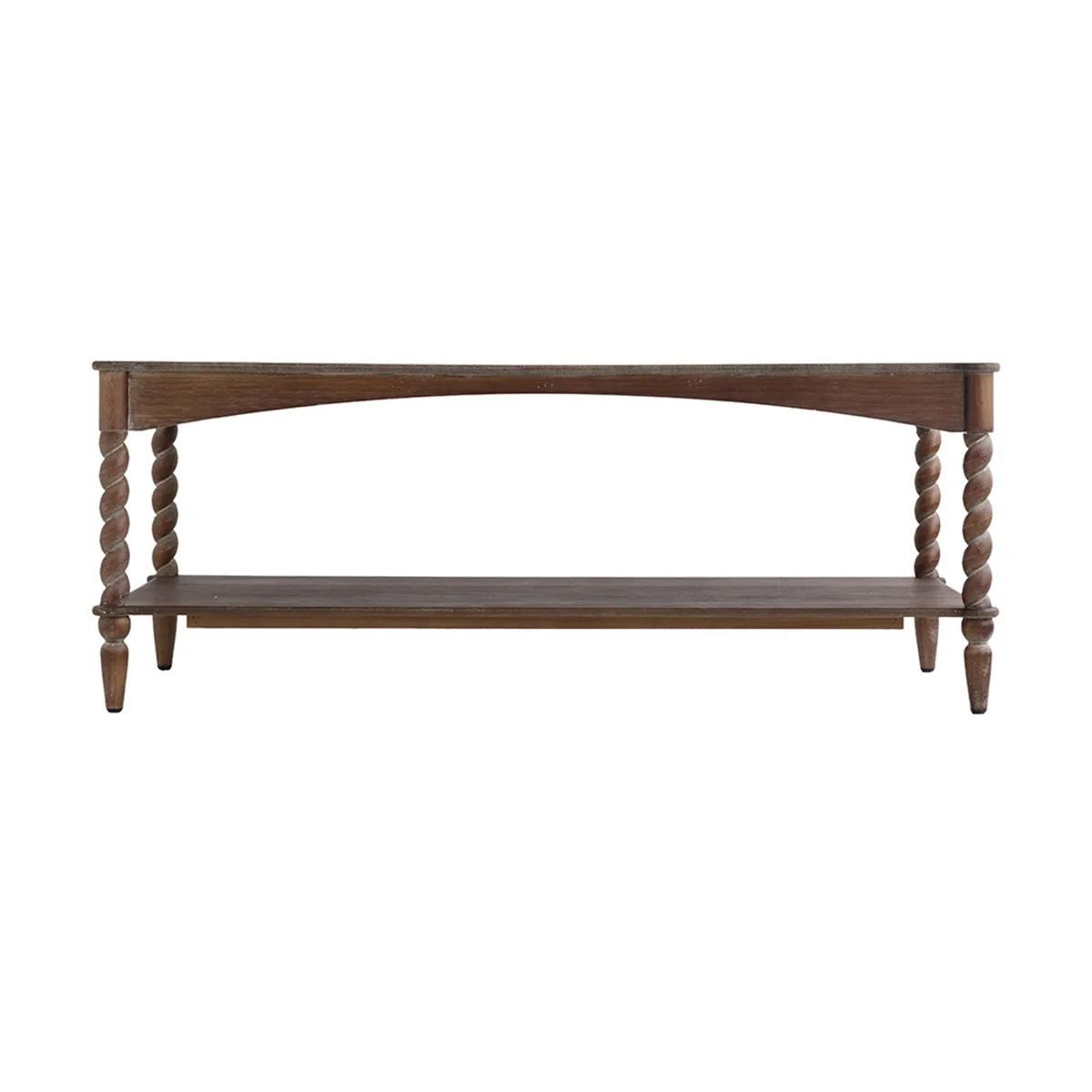 Rustic Brown Wood Coffee Table with Turned Spiral Legs and Lower Shelf - Image 3