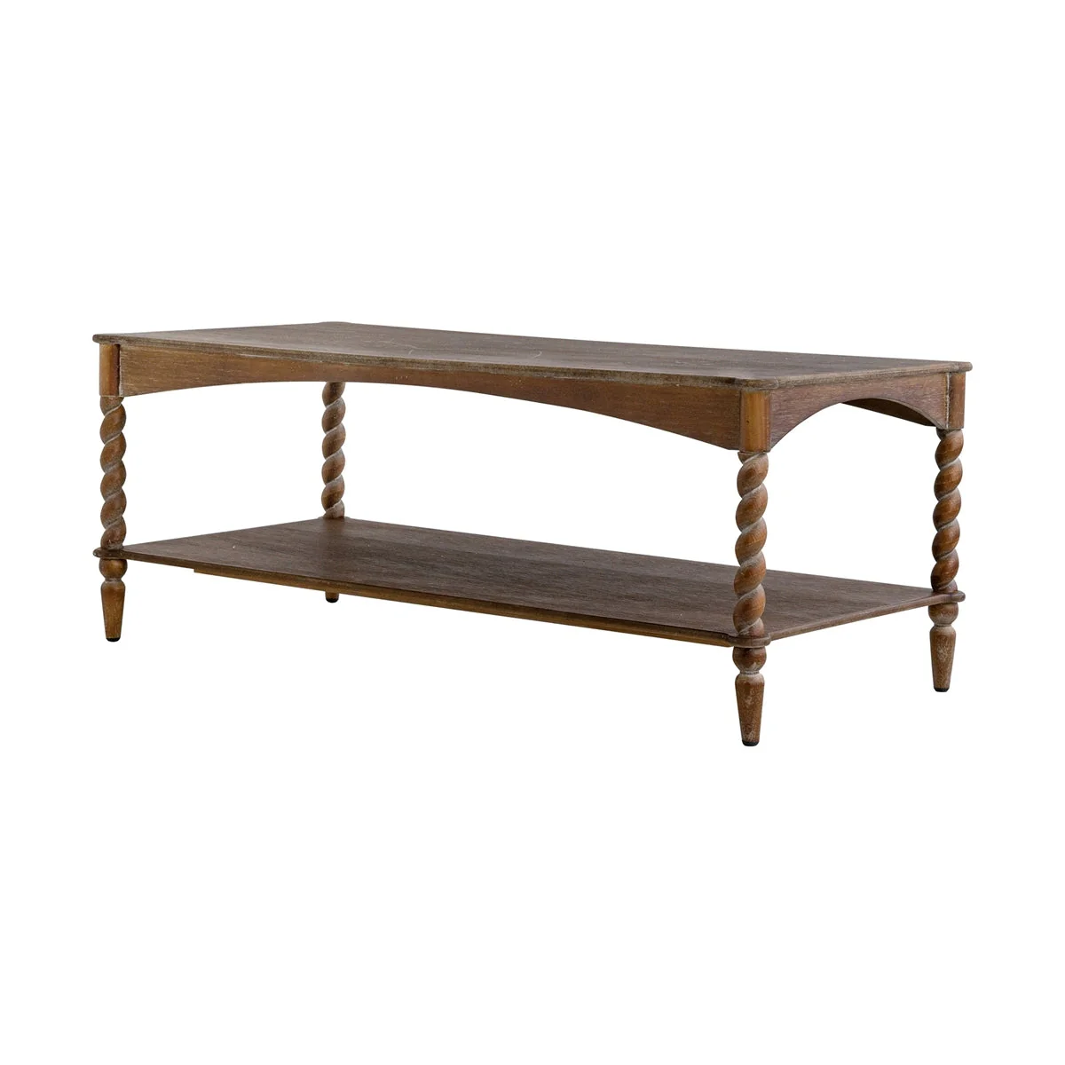 Rustic Brown Wood Coffee Table with Turned Spiral Legs and Lower Shelf - Image 4