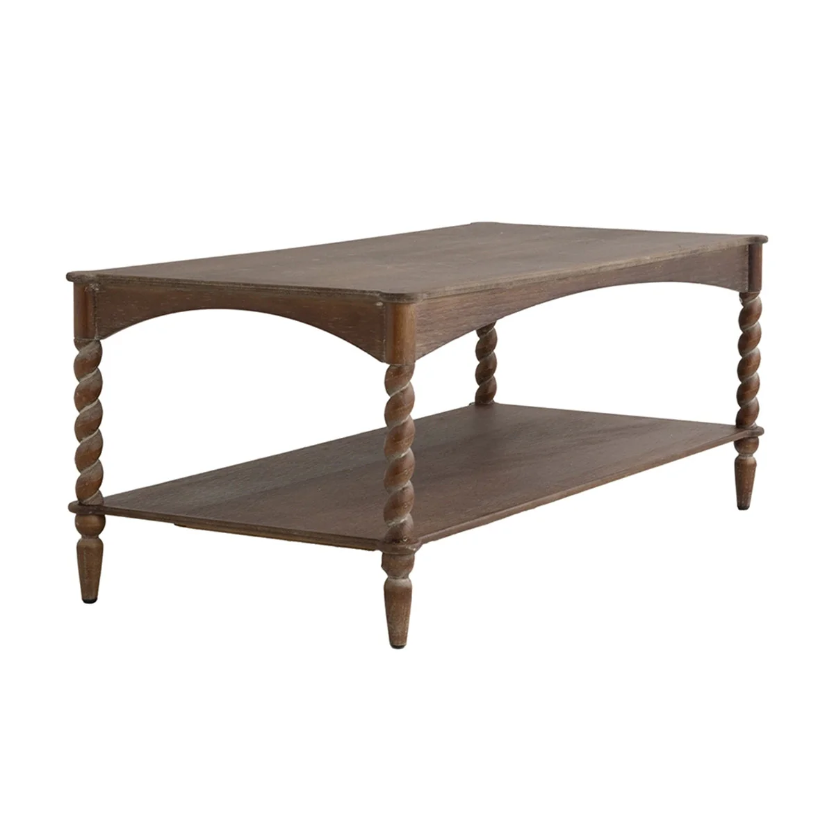 Rustic Brown Wood Coffee Table with Turned Spiral Legs and Lower Shelf - Image 5