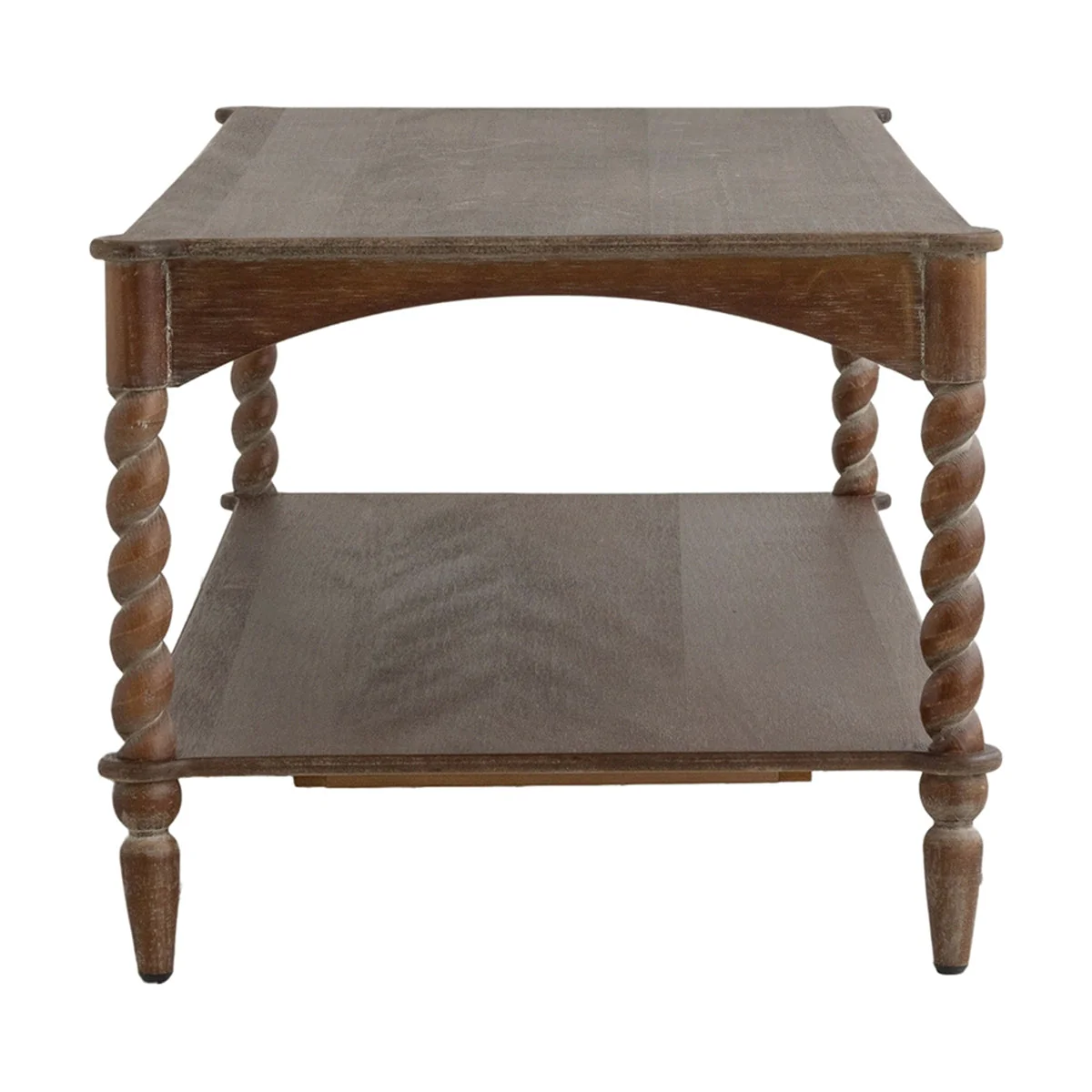 Rustic Brown Wood Coffee Table with Turned Spiral Legs and Lower Shelf - Image 8