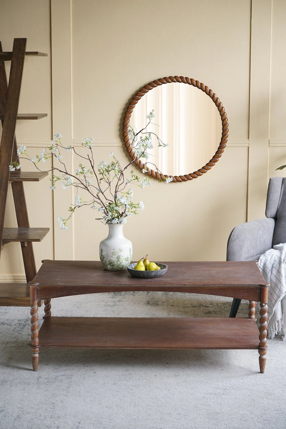 Rustic Brown Wood Coffee Table with Turned Spiral Legs and Lower Shelf - Image 9