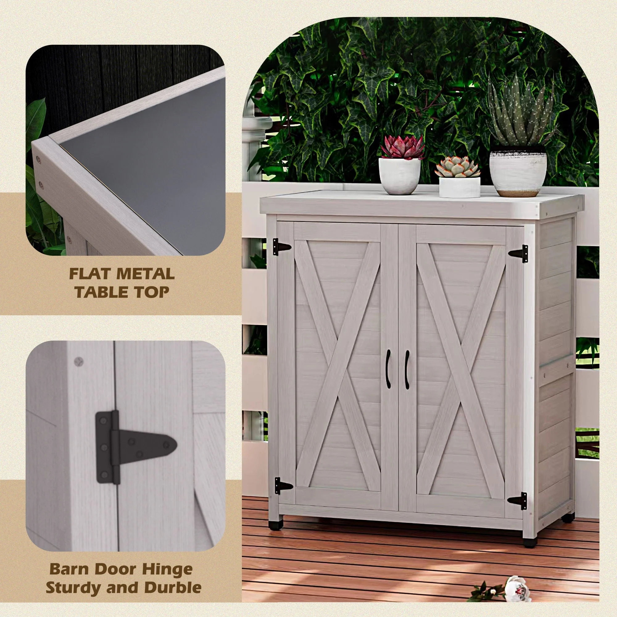 Rustic Cedar Wood Potting Bench With Storage Cabinet And Metal Top For Outdoor Patio - Gray - Image 3