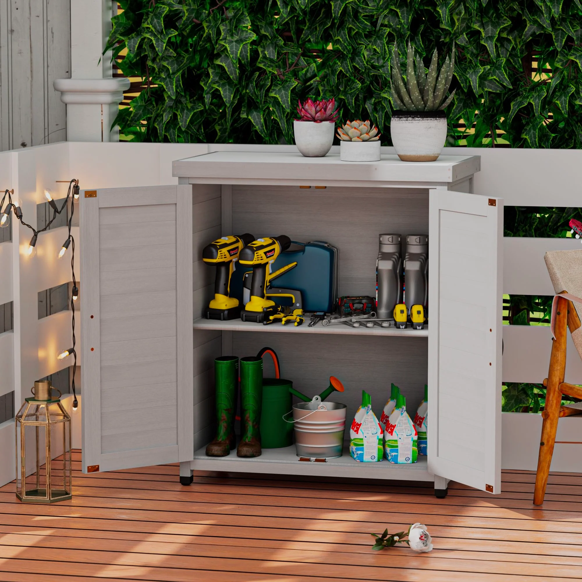 Rustic Cedar Wood Potting Bench With Storage Cabinet And Metal Top For Outdoor Patio - Gray - Image 4
