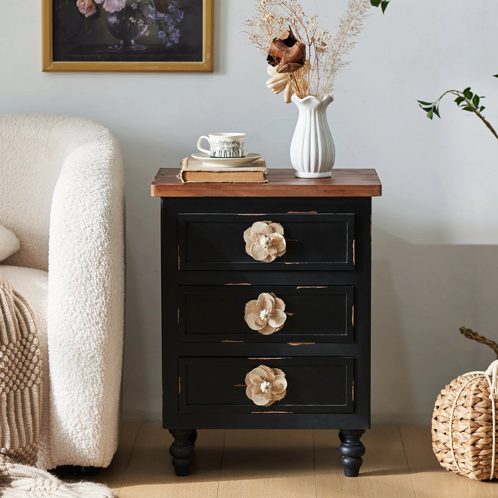 Rustic Dark Blue 2-Drawer Wooden Cabinet with Aged Finish & Floral Handles - Image 2