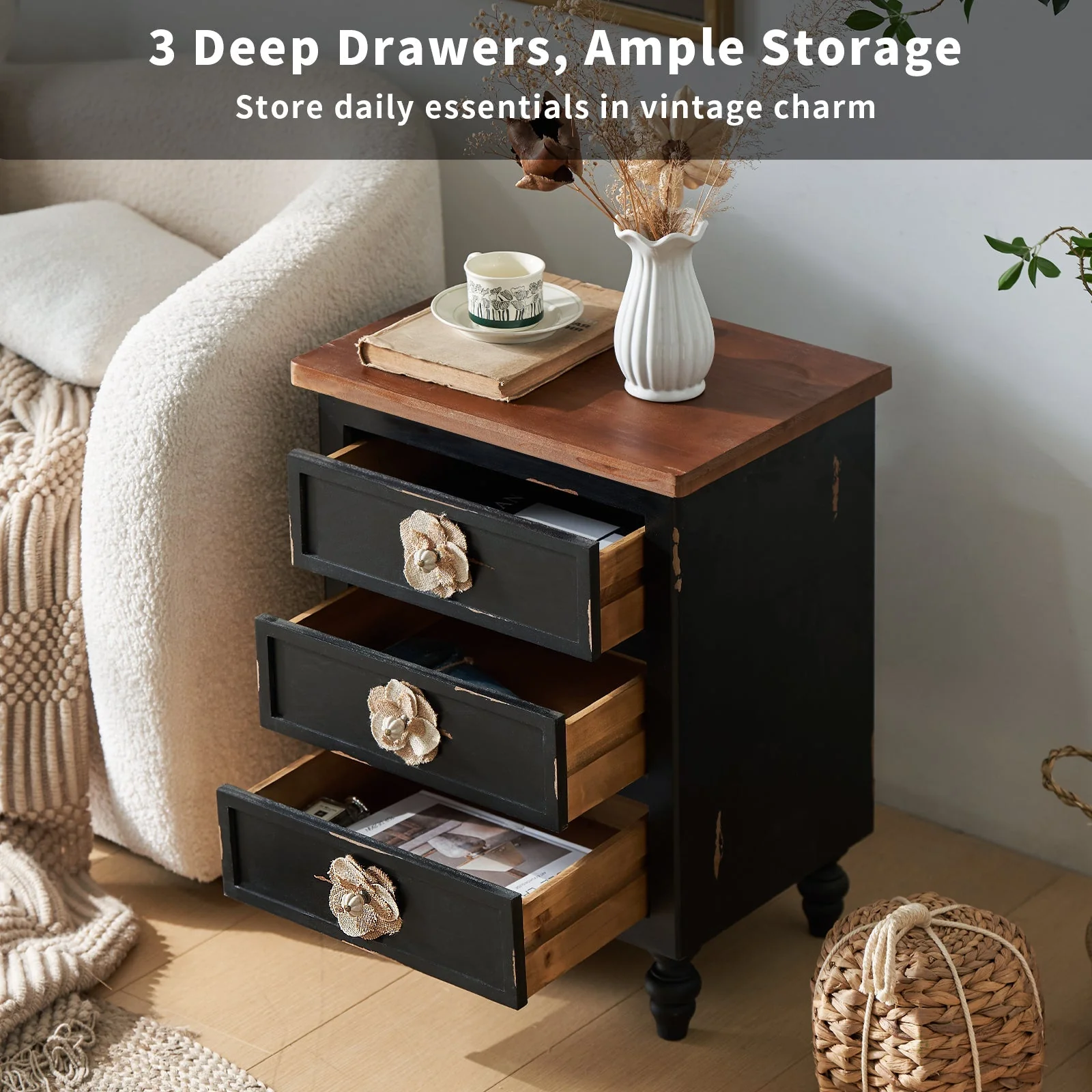Rustic Dark Blue 2-Drawer Wooden Cabinet with Aged Finish & Floral Handles - Image 3