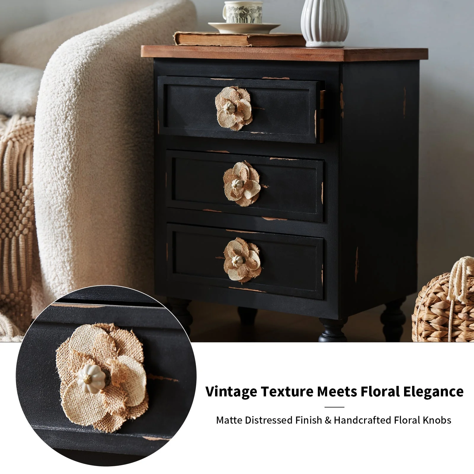 Rustic Dark Blue 2-Drawer Wooden Cabinet with Aged Finish & Floral Handles - Image 4