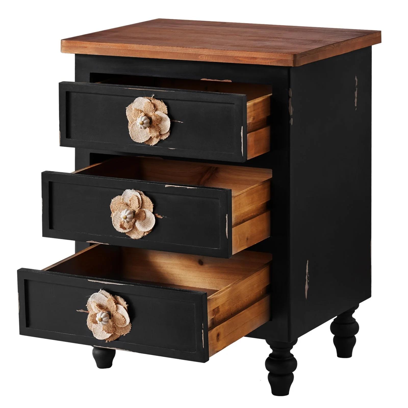 Rustic Dark Blue 2-Drawer Wooden Cabinet with Aged Finish & Floral Handles - Image 6