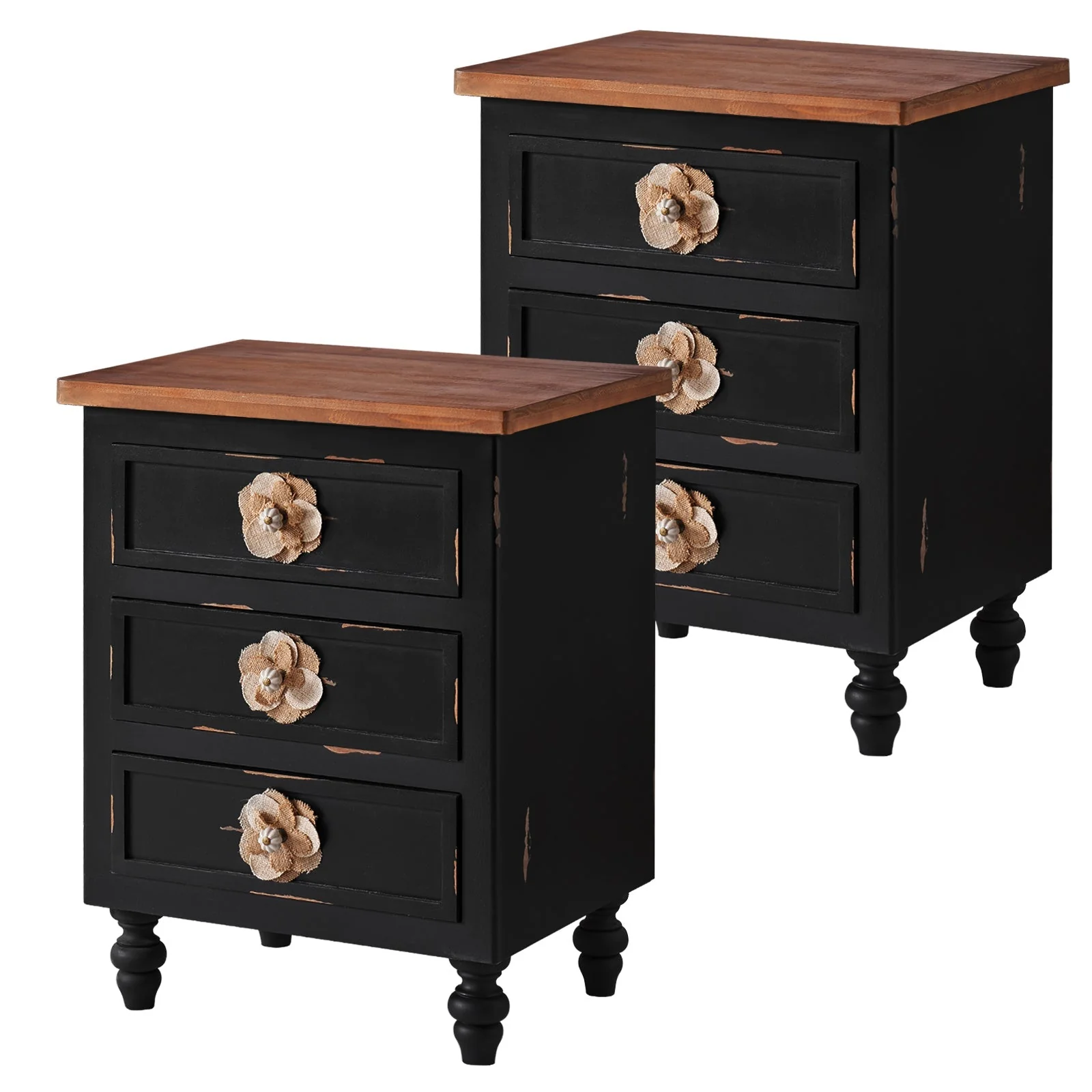 Rustic Dark Blue 2-Drawer Wooden Cabinet with Aged Finish & Floral Handles - Image 7