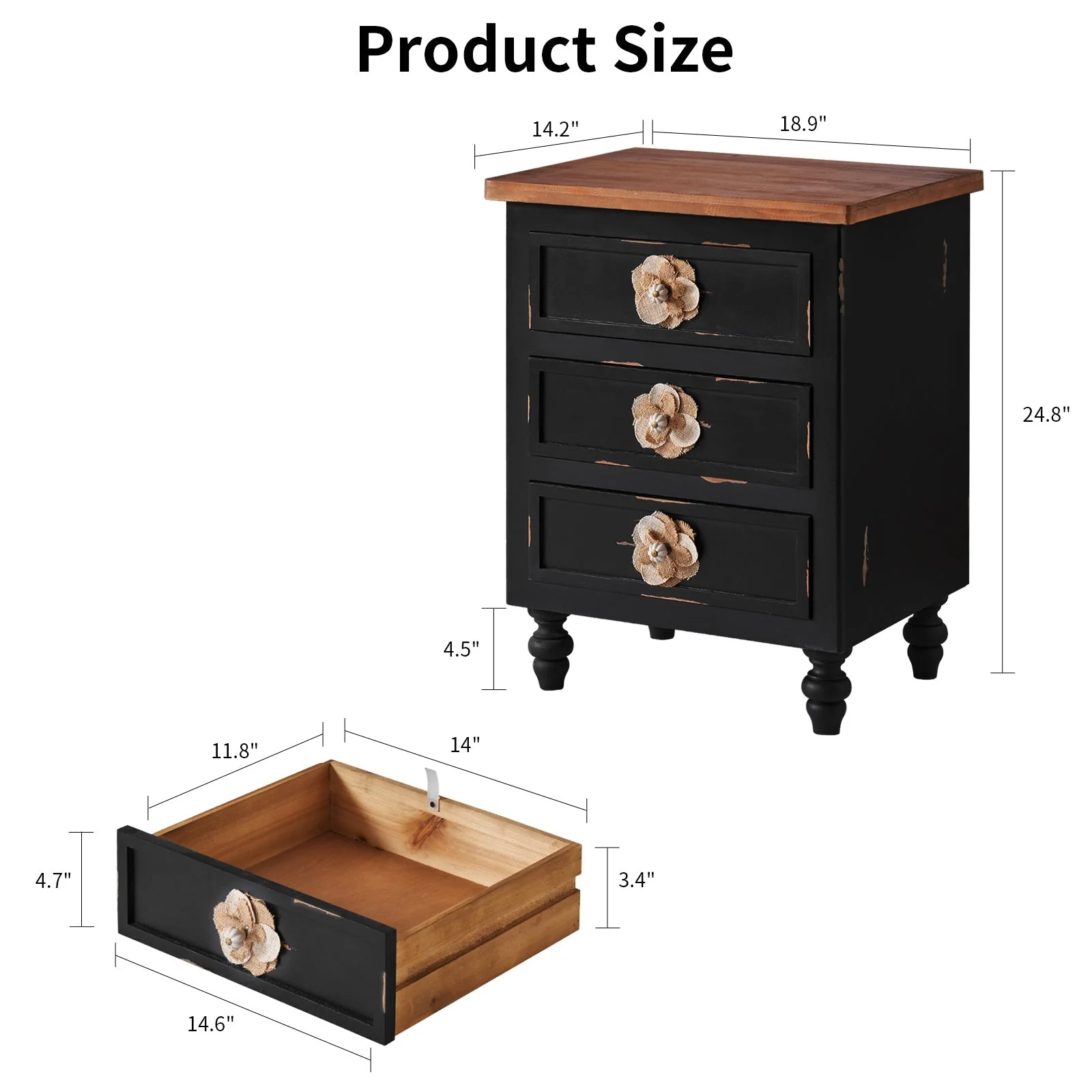 Rustic Dark Blue 2-Drawer Wooden Cabinet with Aged Finish & Floral Handles - Image 8