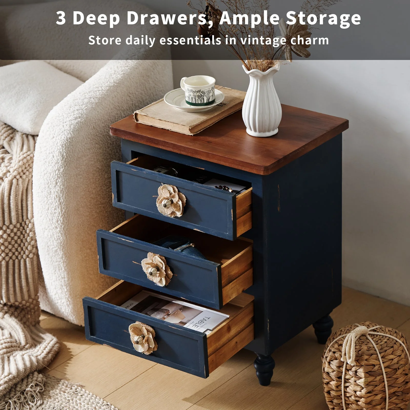 Rustic Dark Blue 3-Drawer Wooden Cabinet with Aged Finish & Floral Handles - Image 2