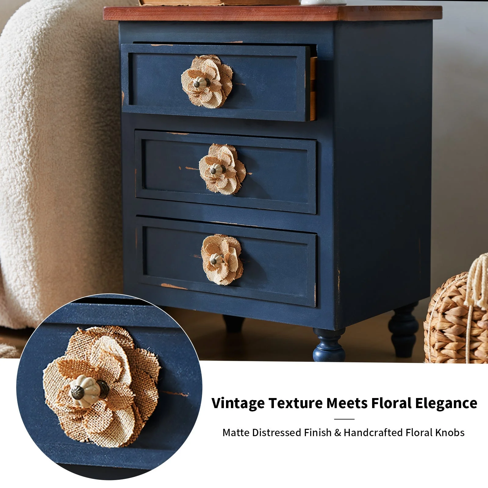 Rustic Dark Blue 3-Drawer Wooden Cabinet with Aged Finish & Floral Handles - Image 3