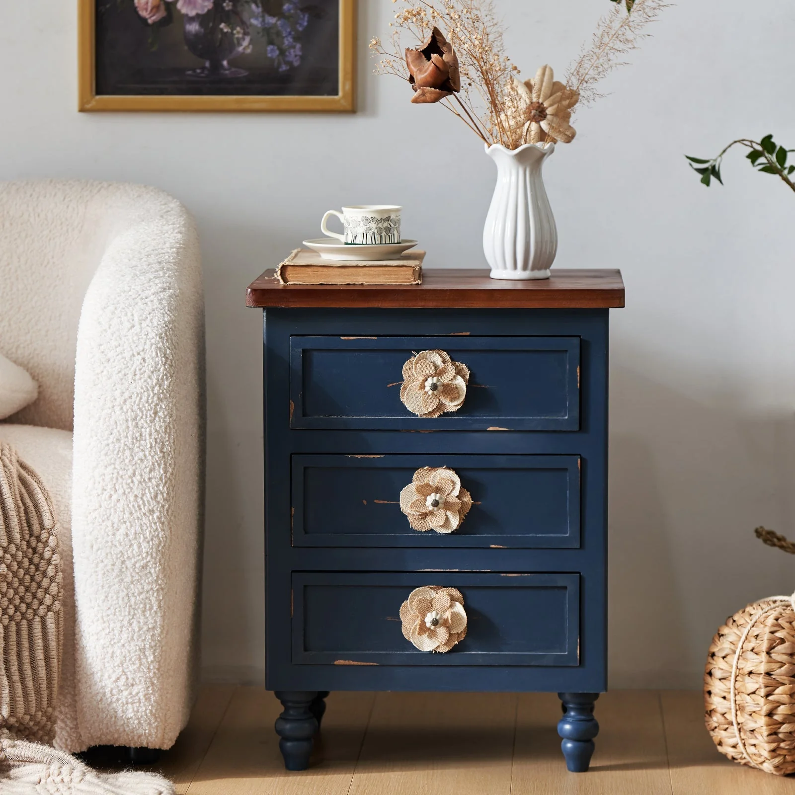 Rustic Dark Blue 3-Drawer Wooden Cabinet with Aged Finish & Floral Handles - Image 5