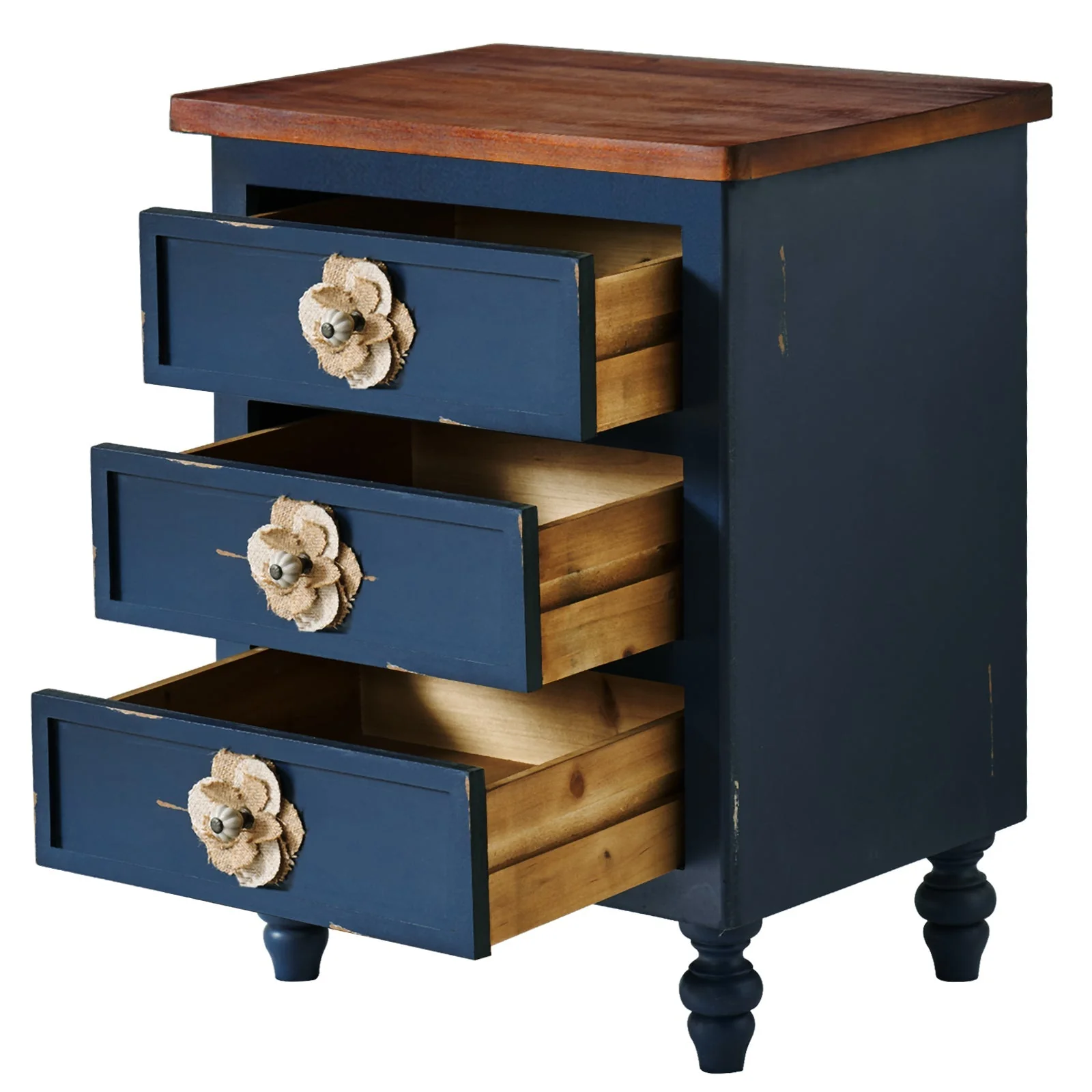 Rustic Dark Blue 3-Drawer Wooden Cabinet with Aged Finish & Floral Handles - Image 6