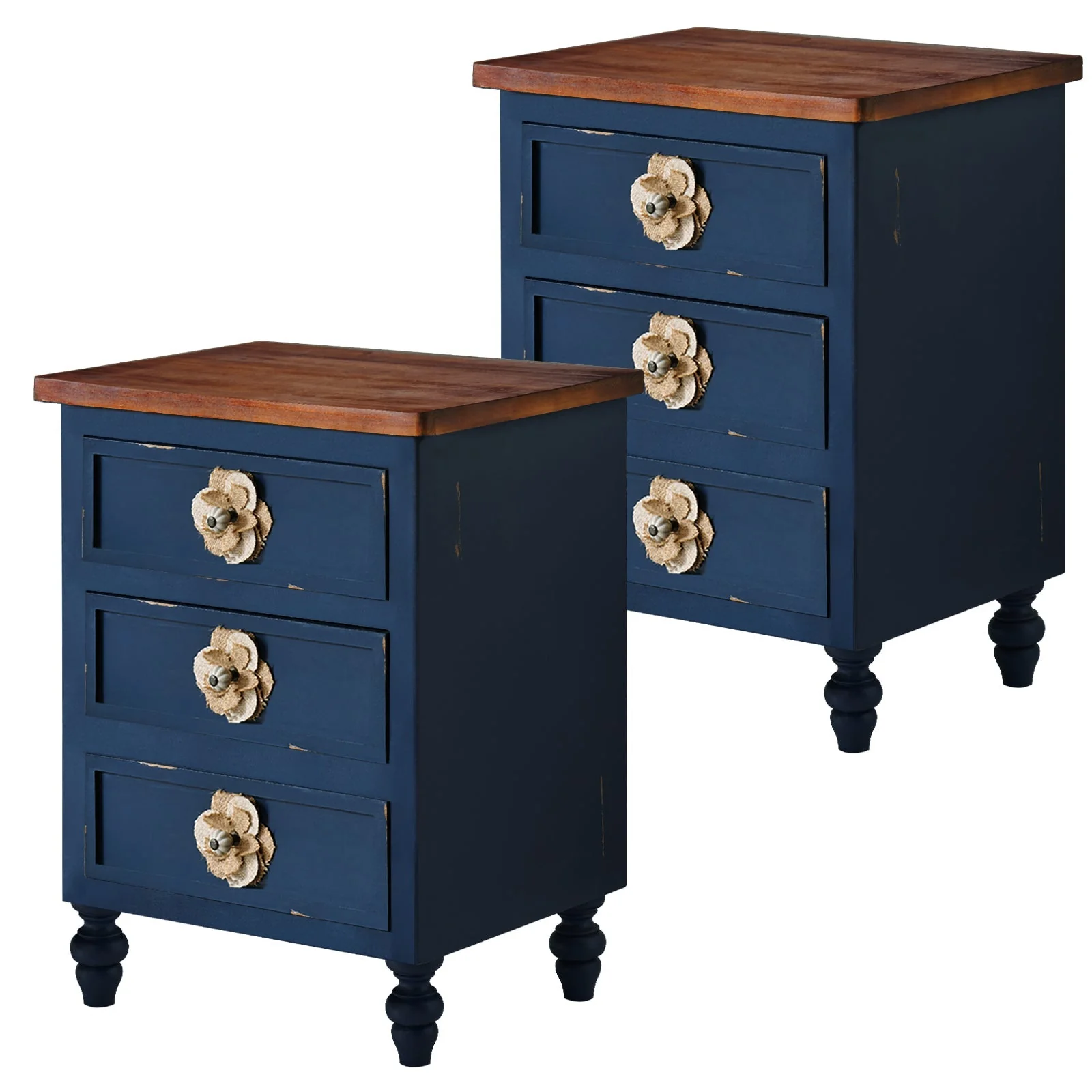 Rustic Dark Blue 3-Drawer Wooden Cabinet with Aged Finish & Floral Handles - Image 7