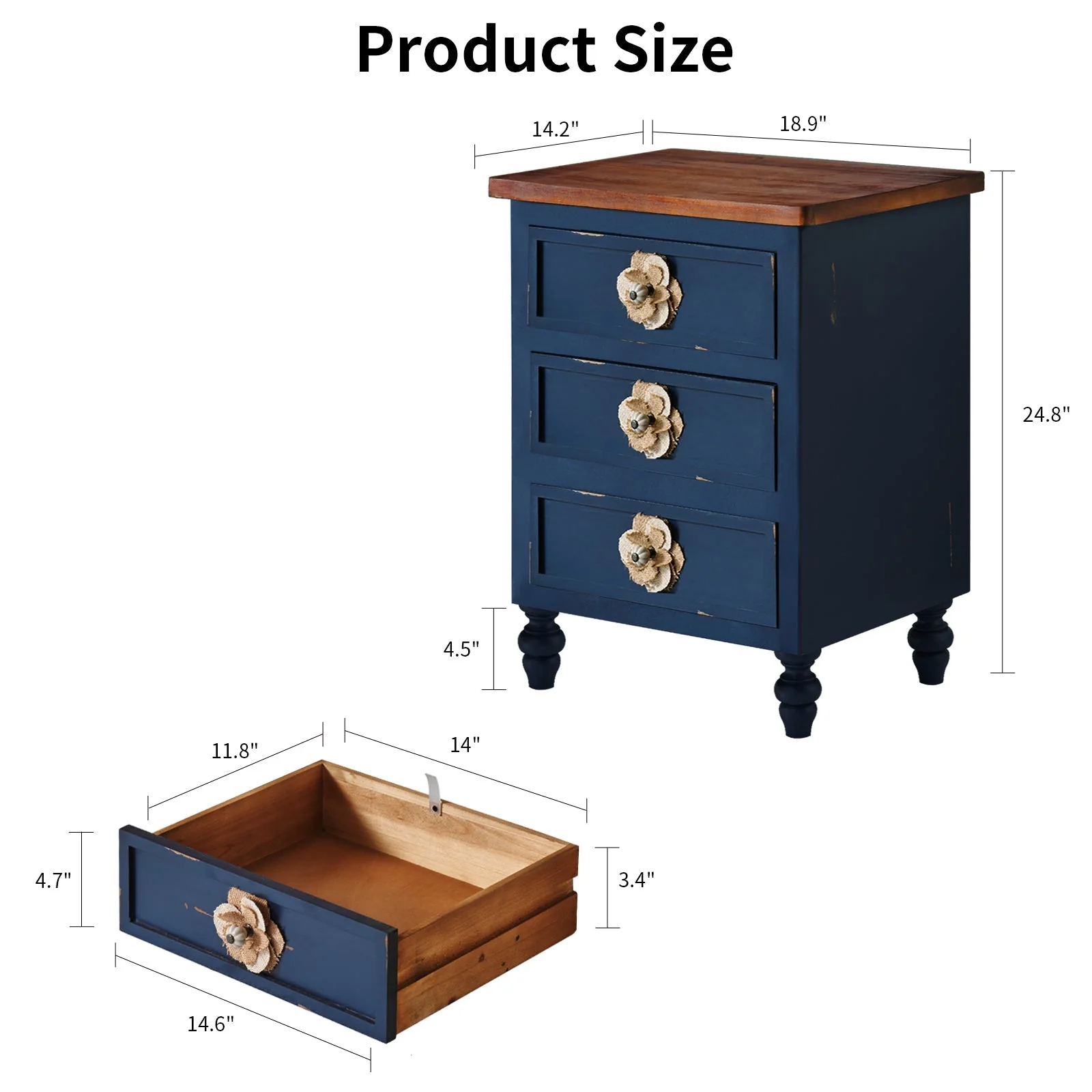 Rustic Dark Blue 3-Drawer Wooden Cabinet with Aged Finish & Floral Handles - Image 8