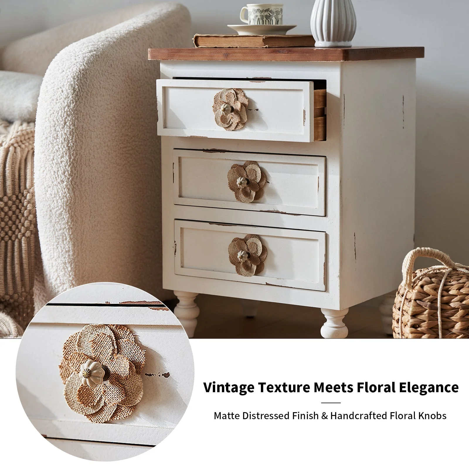 Rustic Dark Blue 3-Drawer Wooden Cabinet with Aged Finish & Floral Handles - Image 3