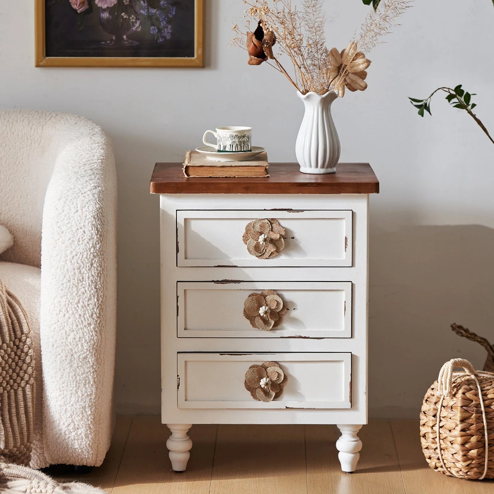 Rustic Dark Blue 3-Drawer Wooden Cabinet with Aged Finish & Floral Handles - Image 5