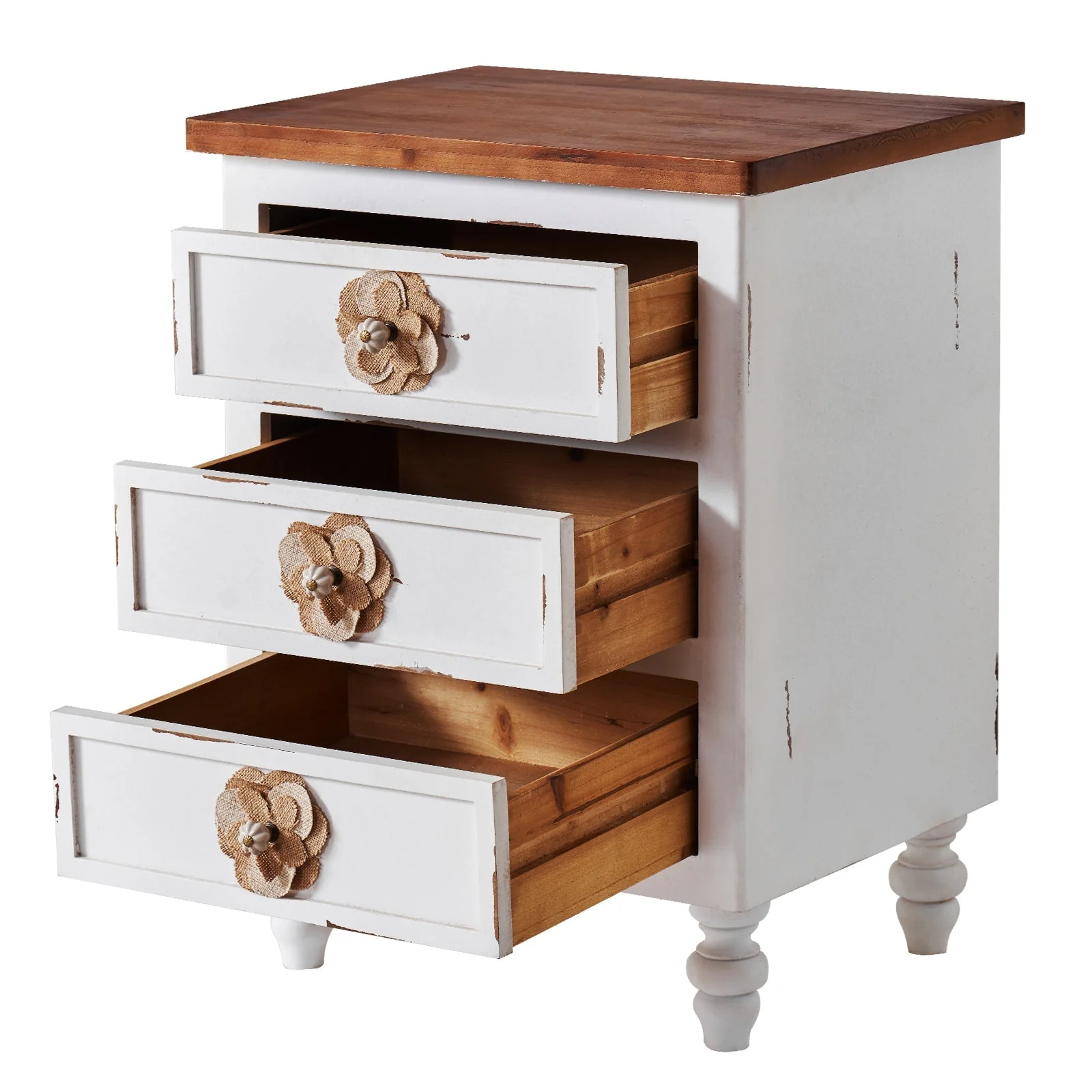 Rustic Dark Blue 3-Drawer Wooden Cabinet with Aged Finish & Floral Handles - Image 6