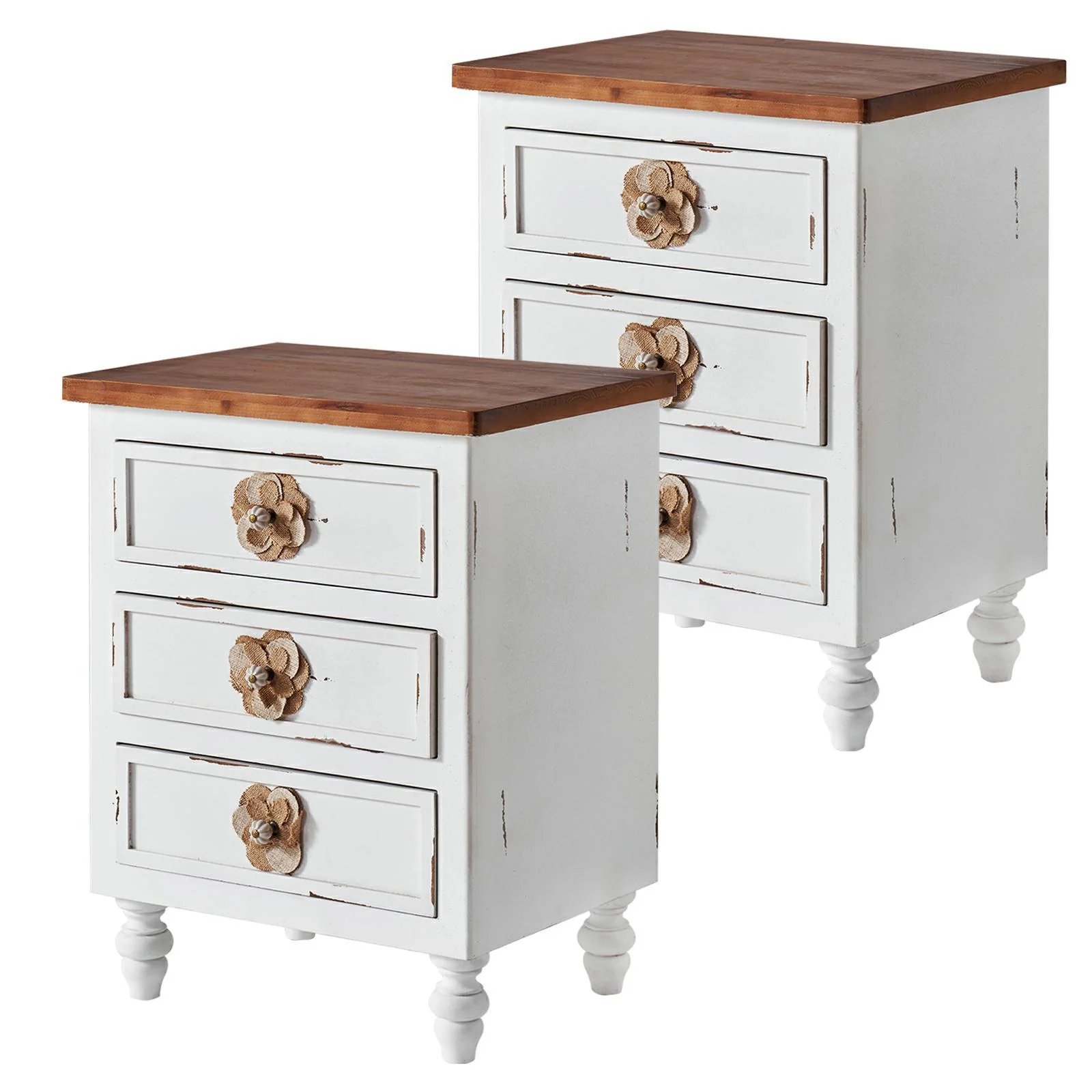 Rustic Dark Blue 3-Drawer Wooden Cabinet with Aged Finish & Floral Handles - Image 7