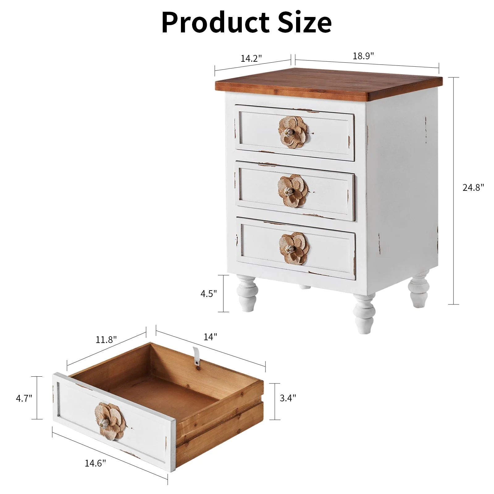 Rustic Dark Blue 3-Drawer Wooden Cabinet with Aged Finish & Floral Handles - Image 8