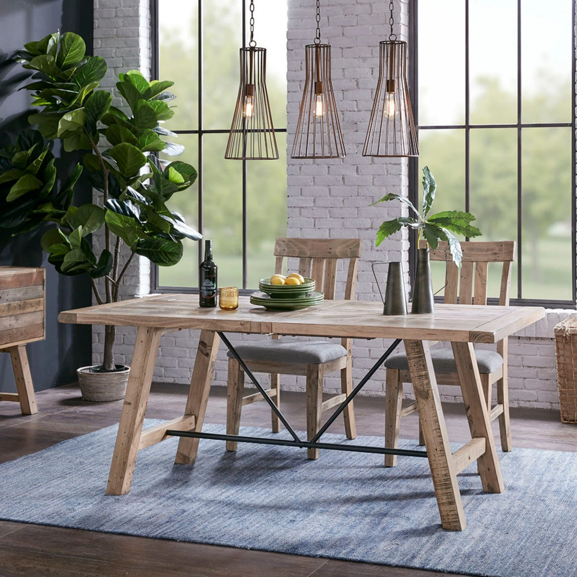 Rustic Dining Table with Metal Support in Natural Pine Wood Finish - Image 2
