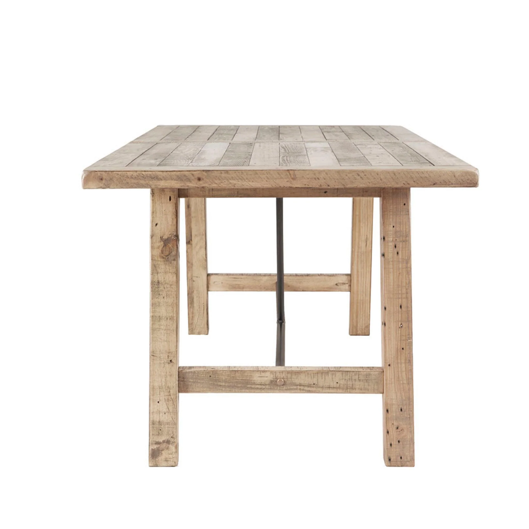 Rustic Dining Table with Metal Support in Natural Pine Wood Finish - Image 4