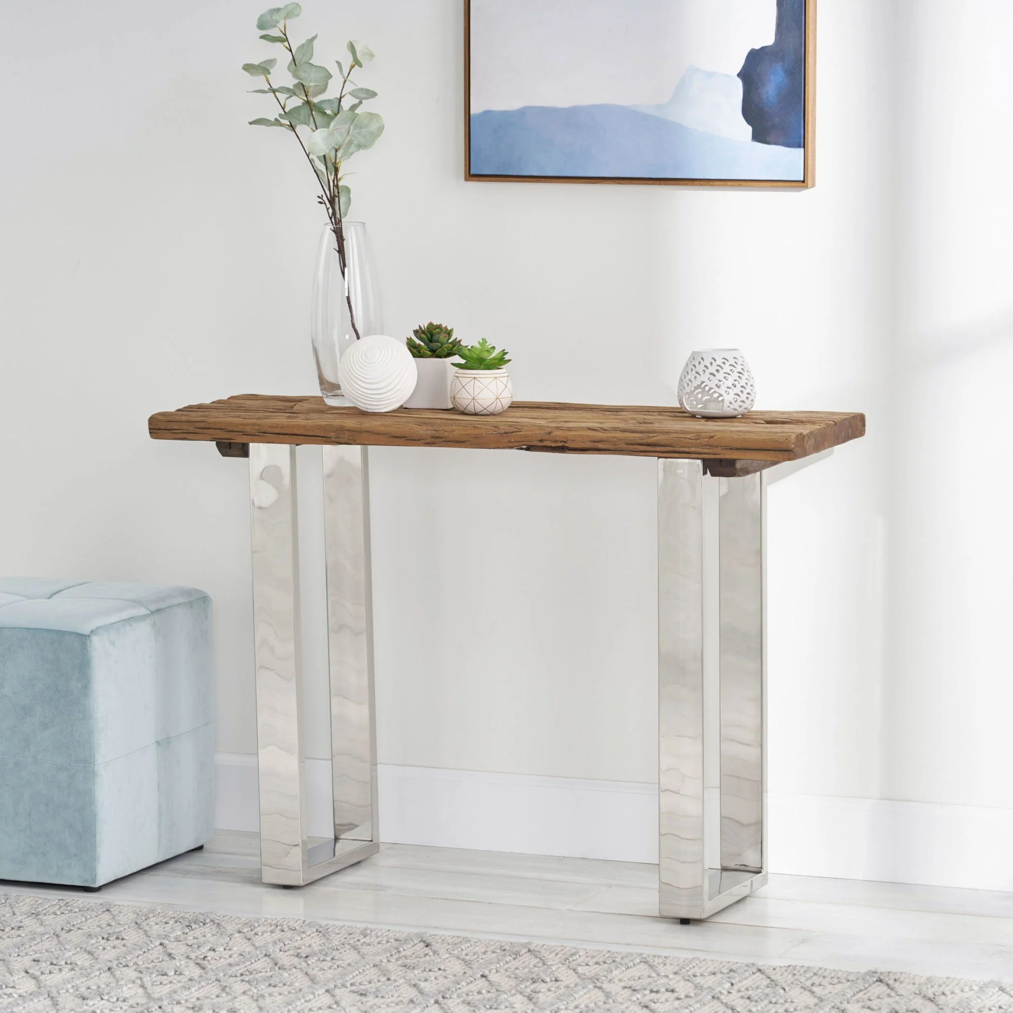 Rustic Glam Console Table With Reclaimed Wood And Iron Frame - Natural - Image 4