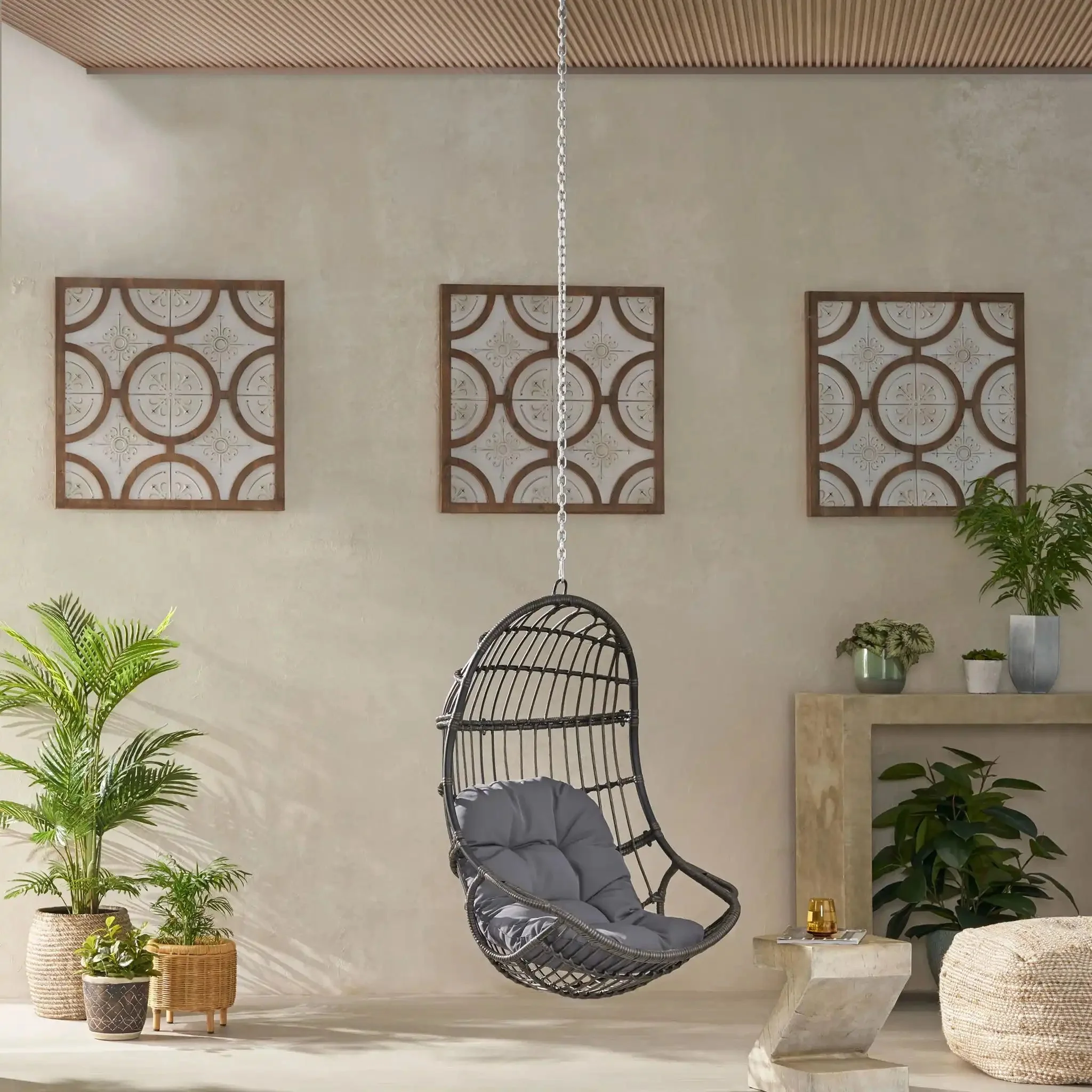 Rustic Hanging Basket Chair With Cushion - Image 2