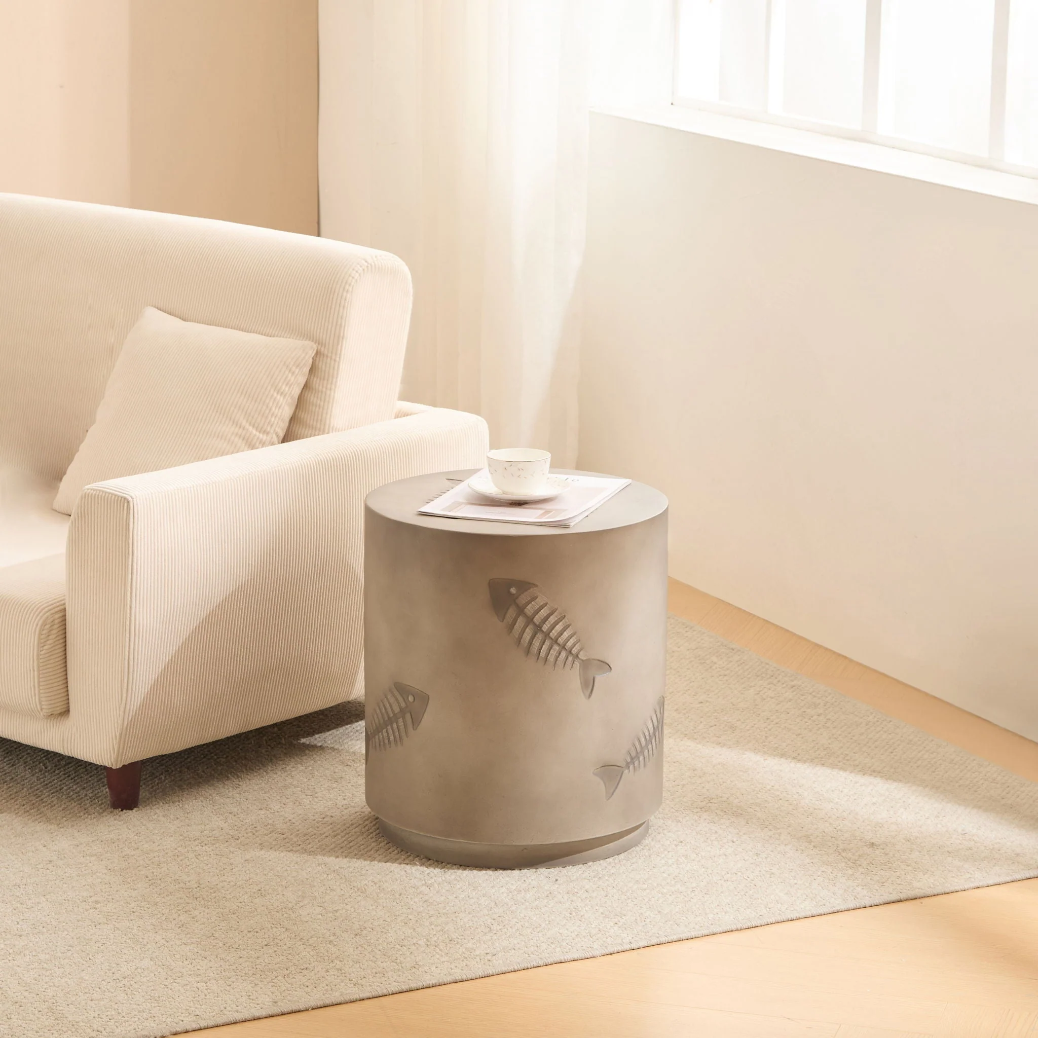 Rustic Magnesium Oxide Side Table With Fish Pattern Design - Gray - Image 3