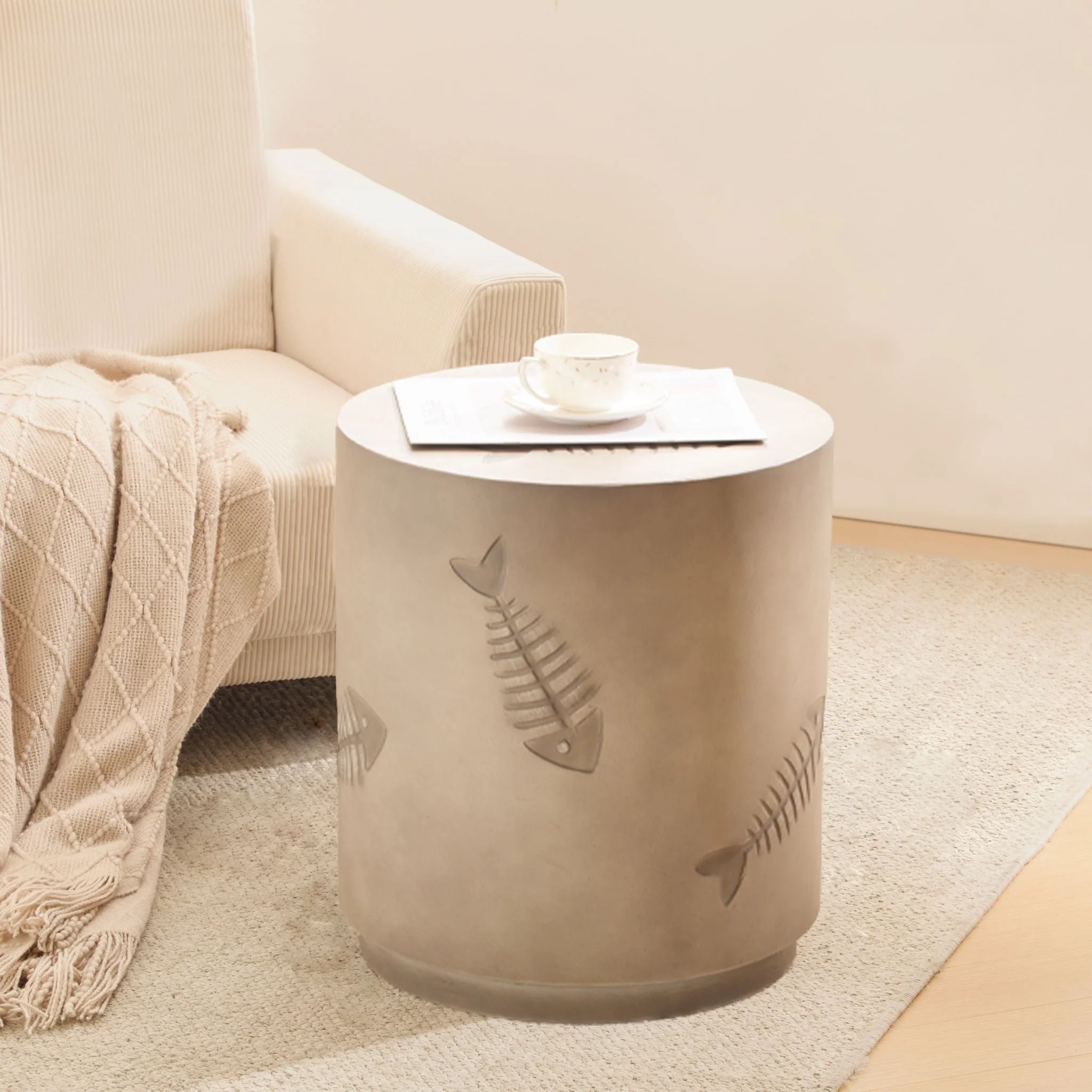 Rustic Magnesium Oxide Side Table With Fish Pattern Design - Gray - Image 4