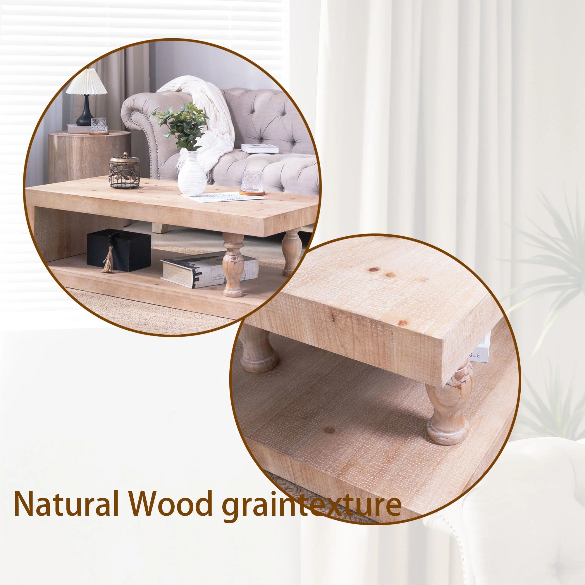 Rustic Solid Wood Coffee Table with Open Shelf – 47.2" - Image 11