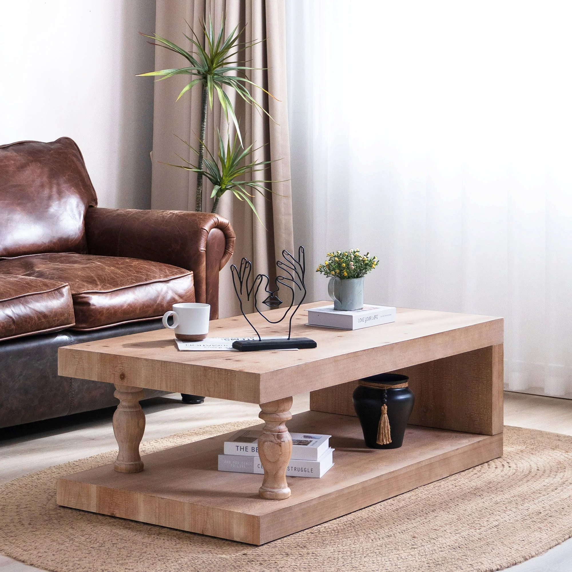 Rustic Solid Wood Coffee Table with Open Shelf – 47.2" - Image 4