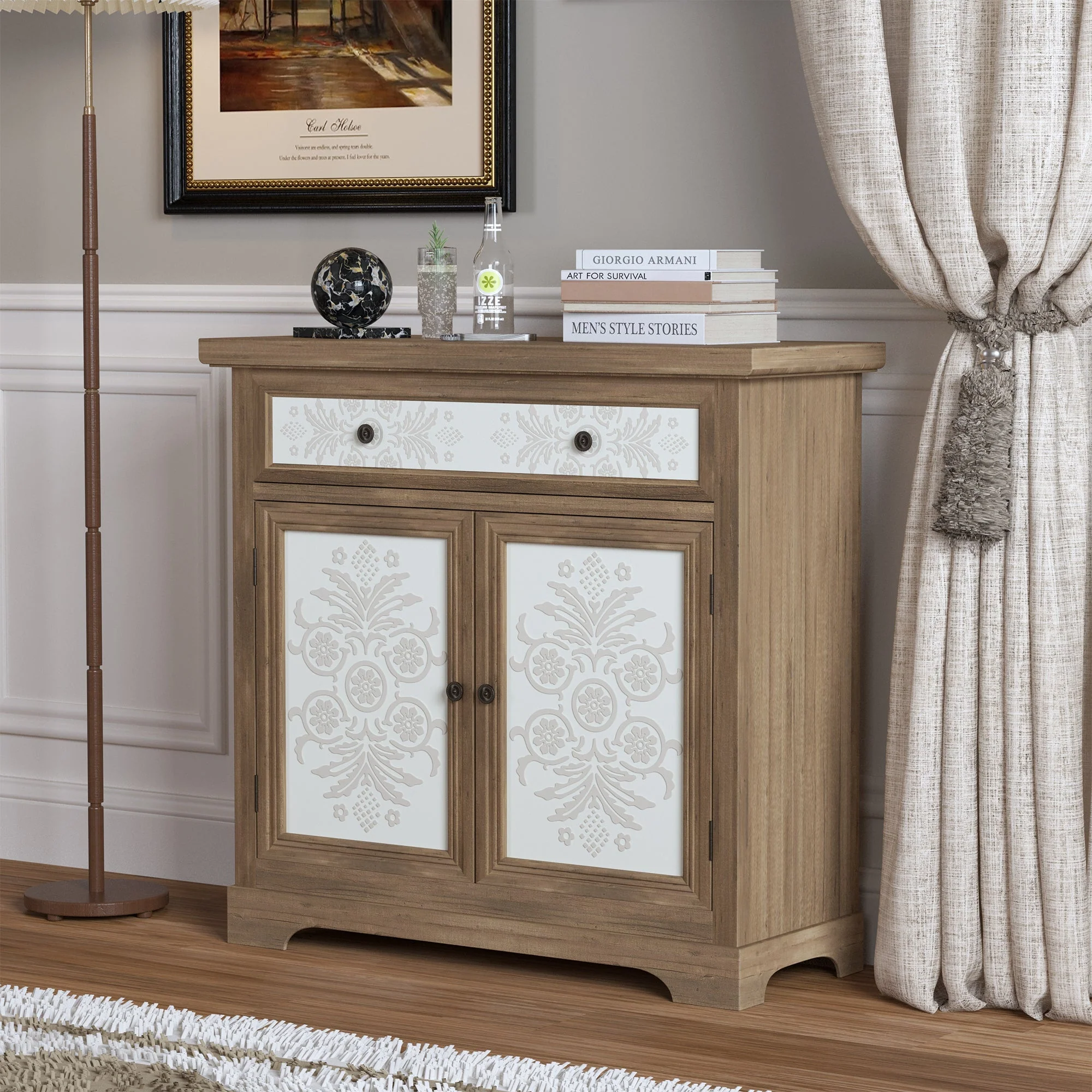 Rustic Vintage Accent Cabinet with Carved Floral Panels - Image 2