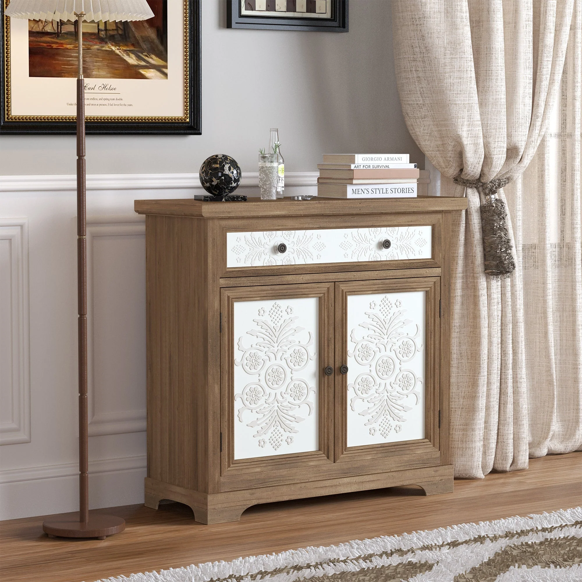 Rustic Vintage Accent Cabinet with Carved Floral Panels - Image 3