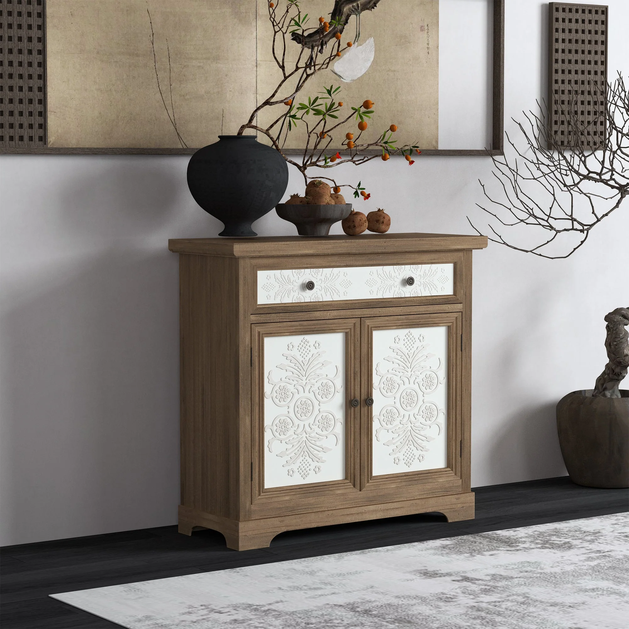 Rustic Vintage Accent Cabinet with Carved Floral Panels - Image 4
