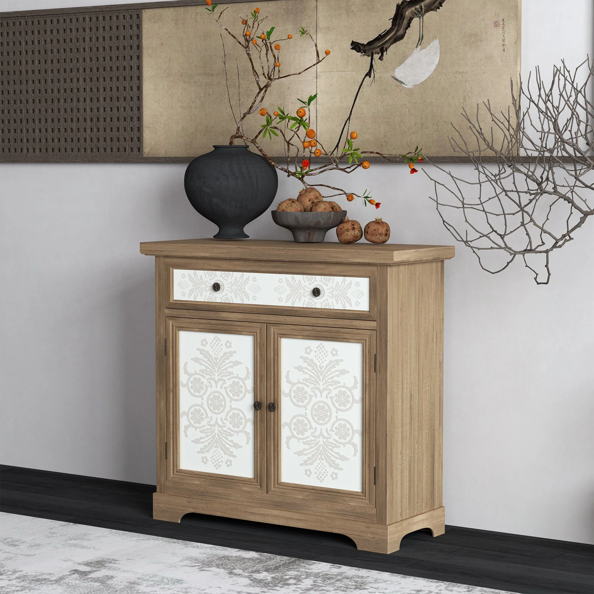 Rustic Vintage Accent Cabinet with Carved Floral Panels - Image 5