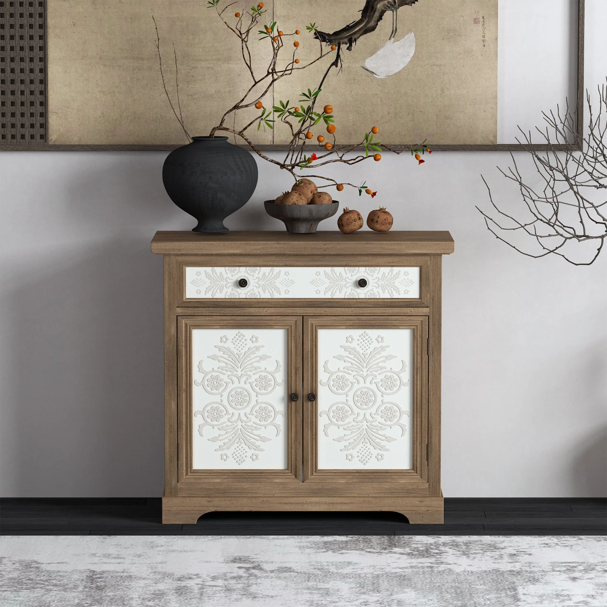 Rustic Vintage Accent Cabinet with Carved Floral Panels - Image 6
