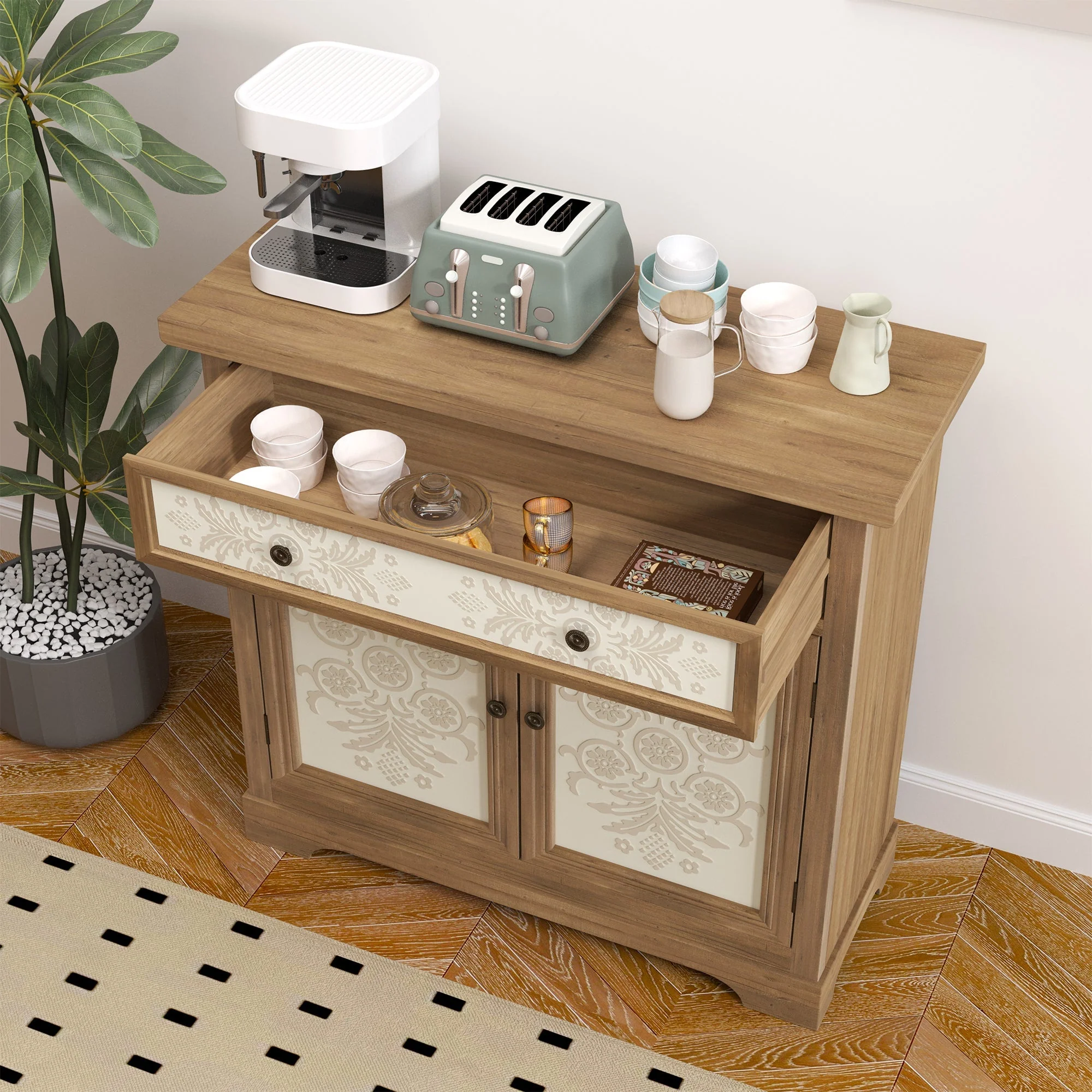 Rustic Vintage Accent Cabinet with Carved Floral Panels - Image 7