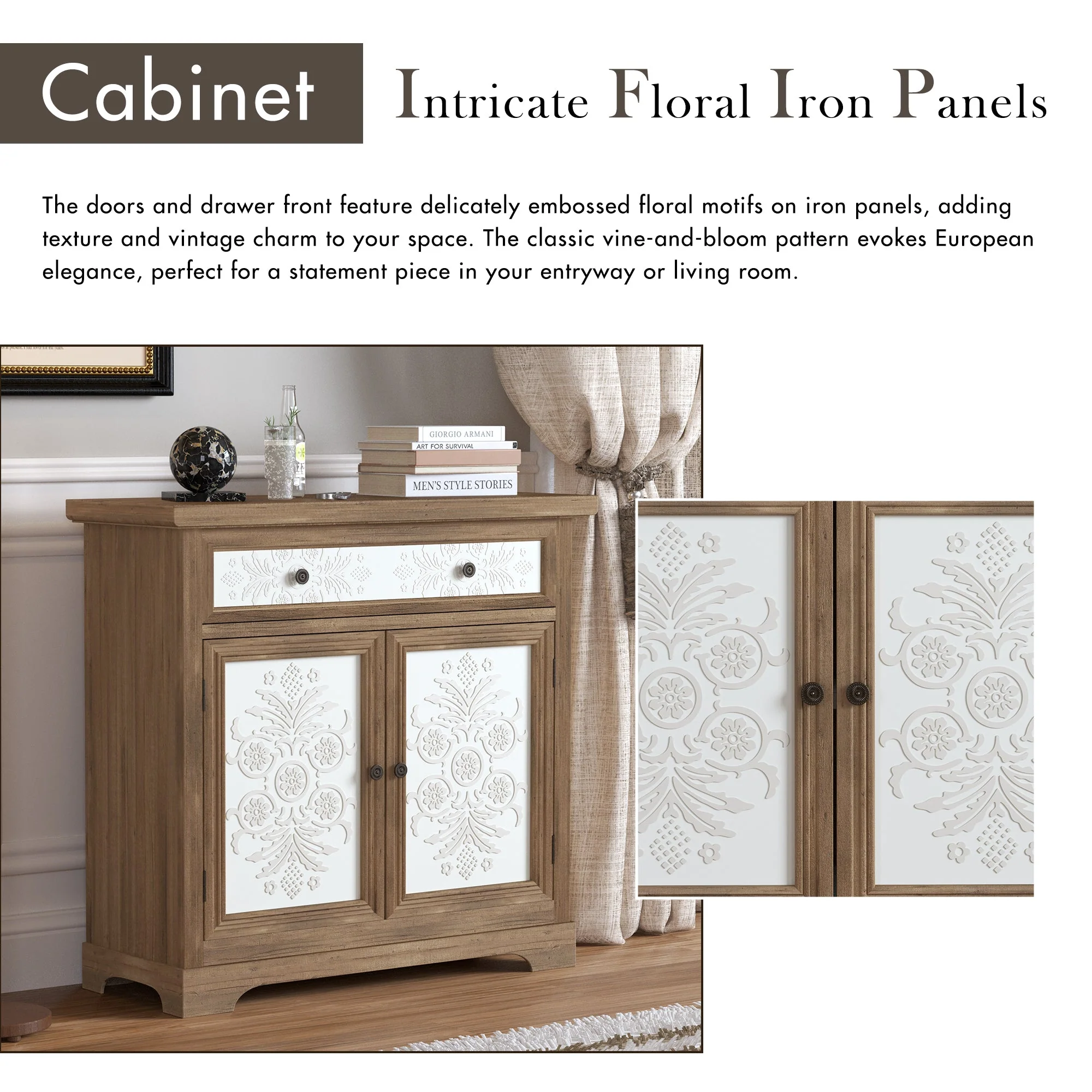 Rustic Vintage Accent Cabinet with Carved Floral Panels - Image 8
